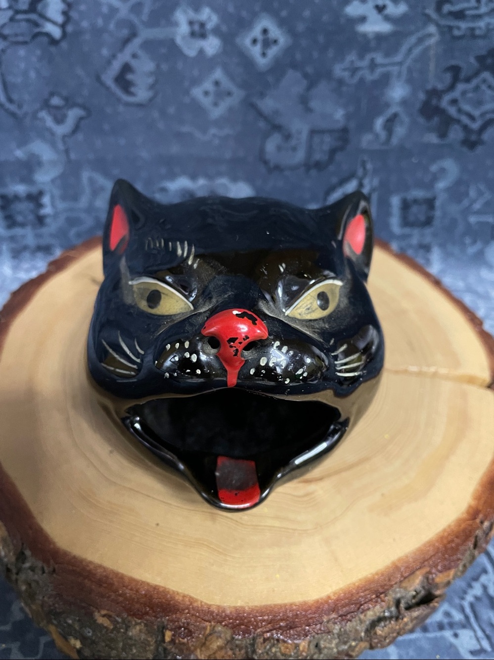 Vintage Shafford Redware Black Cat Head Ashtray Green Eyes MCM decor 1950s Japan